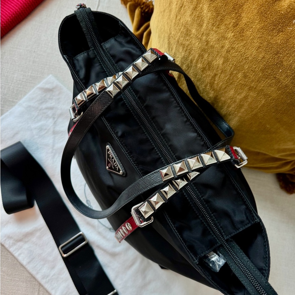 Prada Vela Studded Nylon Black and Red Convertible Tote Bag - Picture 13 of 16